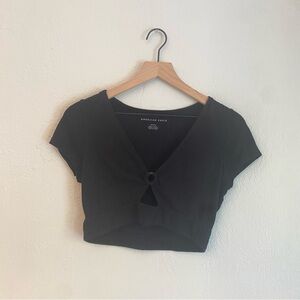 American Eagle Outfitters Black Crop Top with Tie Front and Cap‎ Sleeves